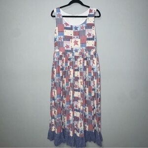 Vintage Americana Patchwork Maxi Dress Red White Blue Stars Stripes Ruffle Hem